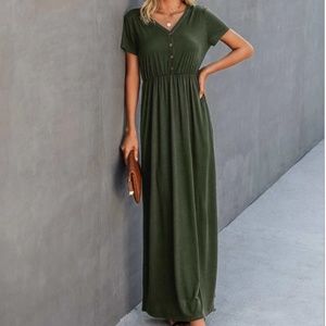 Button Front V-Neck A-Line Dress